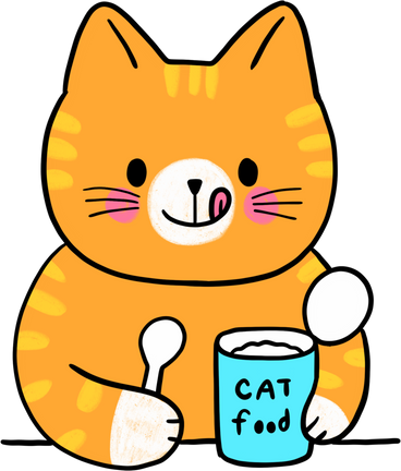 Cartoon cute funny cat eating cat food clipart.